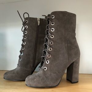 Vince Camuto Grey Suede Block Heel Lace Up Boots